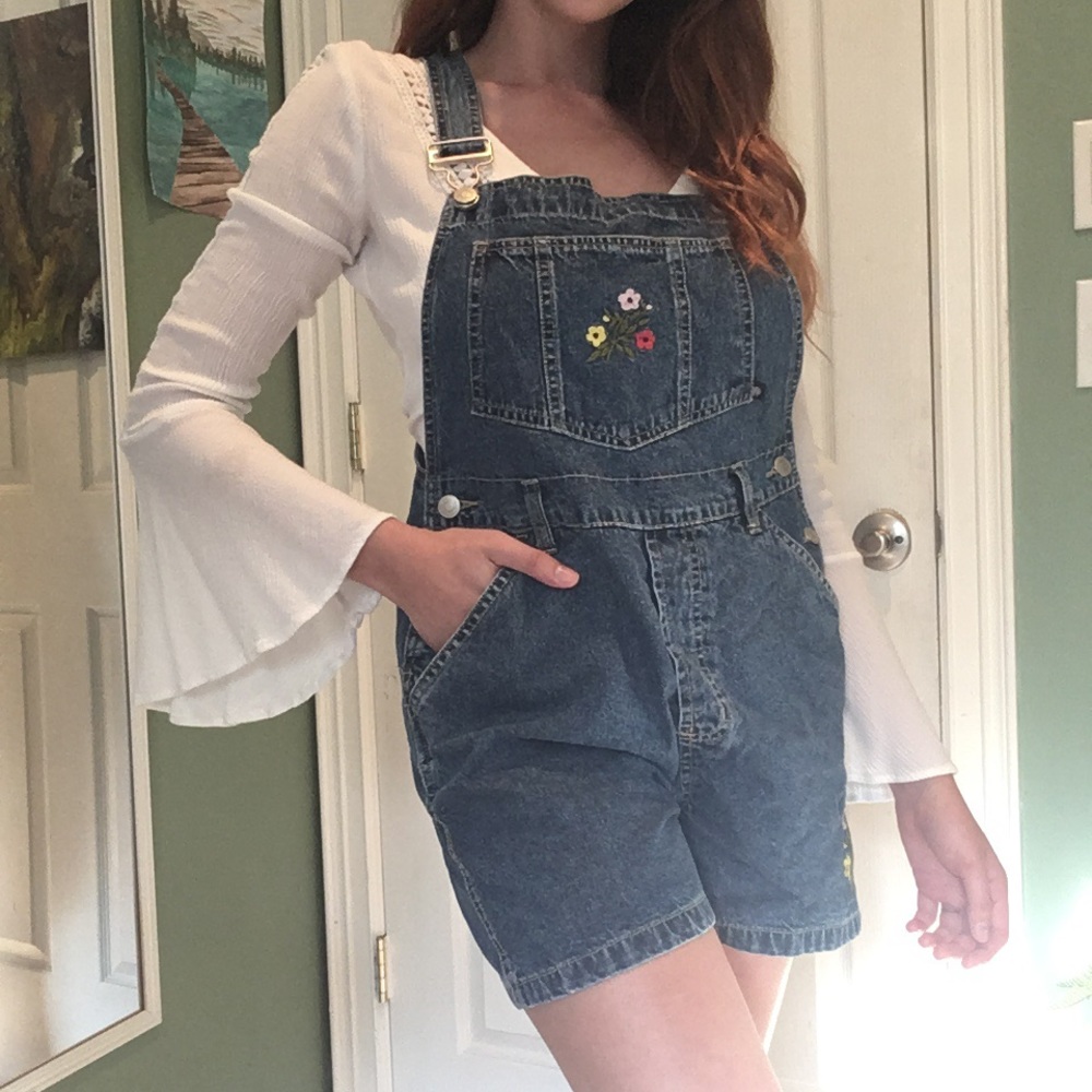 Flower Embroidered Overalls
